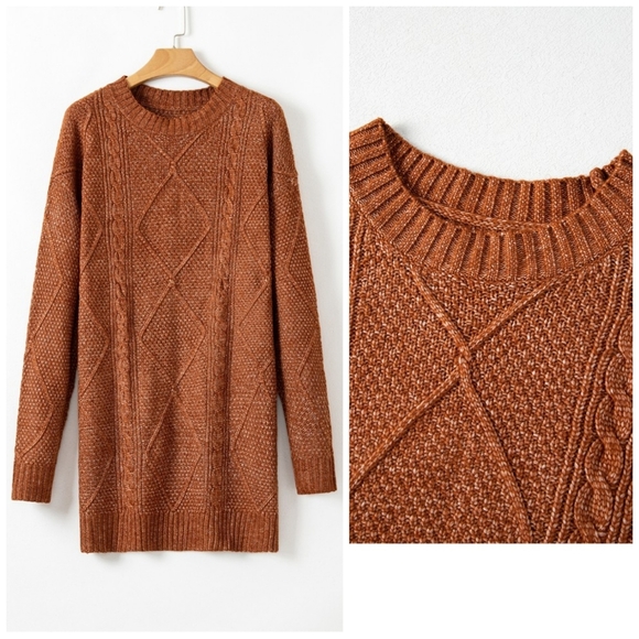 J-15 Coffee Colored Cable Knit Drop Sleeve Loose Fit Sweater Dress - Picture 3 of 3